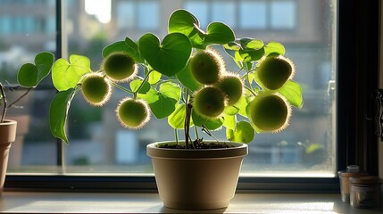 Aufkleber - Fluffy green fruits of a houseplant in a terracotta pot on a windowsill, backlit by sunlight.