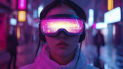 Poster - Woman in futuristic goggles experiencing augmented reality in a vibrant city at night.