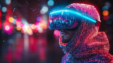 Poster - Man in VR headset exploring futuristic cityscape at night.