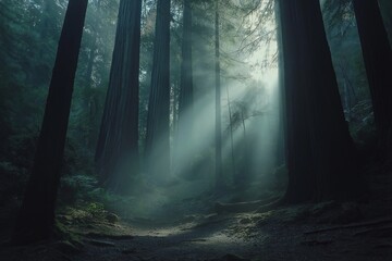 Poster - A majestic redwood forest bathed in sunlight