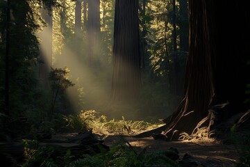 Poster - A majestic redwood forest bathed in sunlight