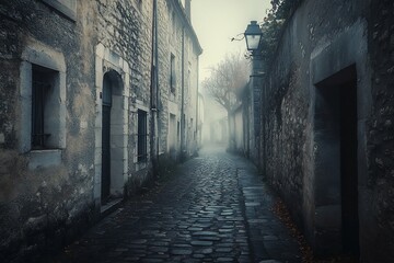 Aufkleber - Foggy cobblestone alleyway between old stone buildings.