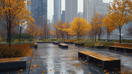 Aufkleber - Rainy autumn day in city park; yellow leaves, empty benches, skyscrapers background.