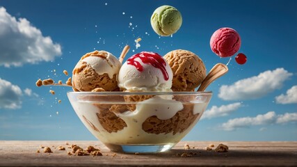 Wall Mural - A vibrant bowl of ice cream with various flavors and toppings against a blue sky backdrop.