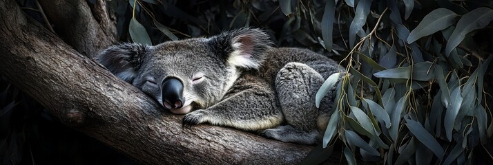 Poster - Sleeping koala curled on a tree branch, surrounded by eucalyptus leaves.