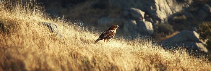 Aufkleber - Red-tailed hawk perched in tall, dry grass on rocky hillside.