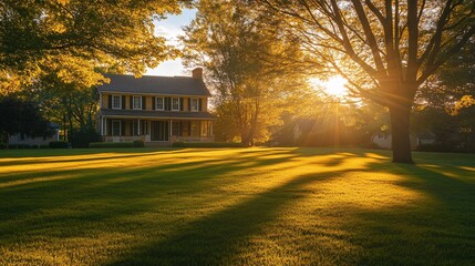 Poster - Golden hour sunlight illuminates a charming colonial-style house nestled on a lush green lawn, surrounded by majestic trees.
