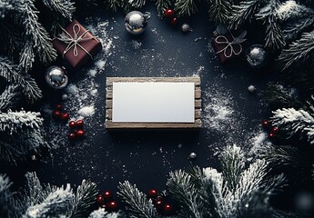 Poster - Blank card mockup surrounded by Christmas decorations; snow, gifts, ornaments, pine branches on dark background.