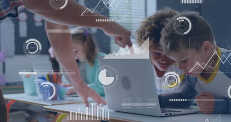 Poster - Image of statistics and data processing over diverse schoolchildren and male teacher