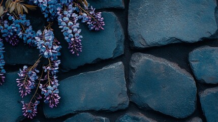 Poster - Purple flowers against a dark stone wall background.