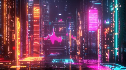 Poster - Abstract depiction of financial graphs and charts in neon colors