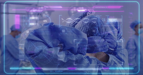 Poster - Image of data processing and dna strand over diverse surgeons wearing face masks