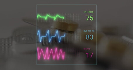Poster - Image of data processing and cardiograph over pills