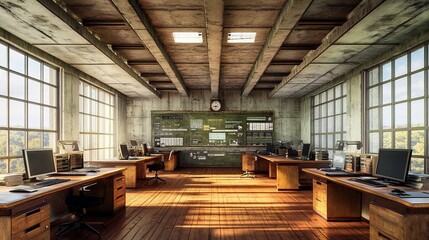 Poster - Sunlit industrial-style office with wooden floors, exposed beams, large windows, and multiple desks with computers.