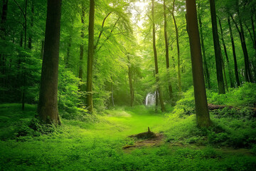 Poster - A lush green forest with a hidden waterfall.