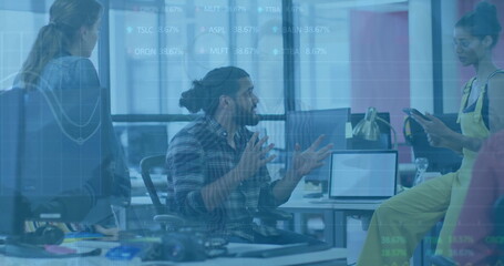Poster - Image of financial data processing over diverse business people in office