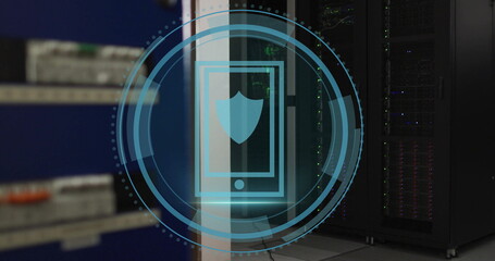 Poster - Image of shield icon and digital data processing over computer servers