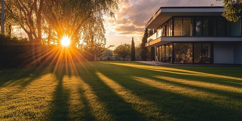 Poster - Sunset illuminates modern home's lawn, casting long shadows from trees.