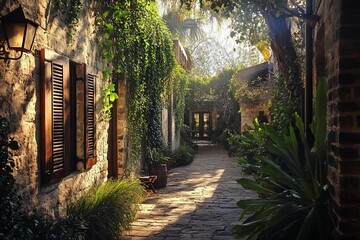 Aufkleber - Sunlit stone pathway through lush, ivy-covered buildings.