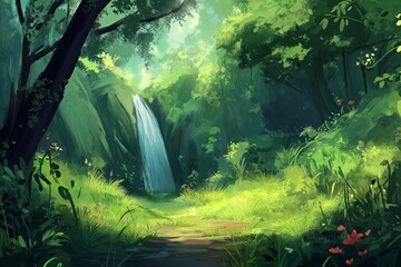 Poster - A lush green forest with a hidden waterfall.