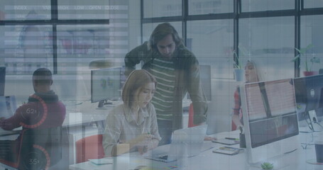 Poster - Image of financial data processing over diverse business people in office