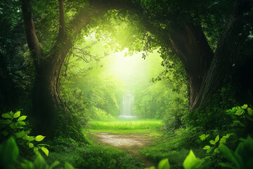 Poster - A lush green forest with a hidden waterfall.