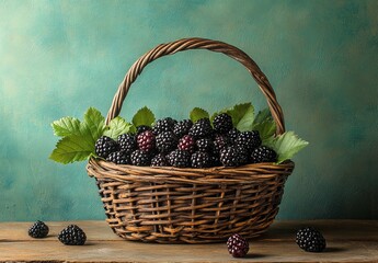 Poster - Ripe blackberries in a rustic wicker basket with green leaves on a wooden table against a teal background.