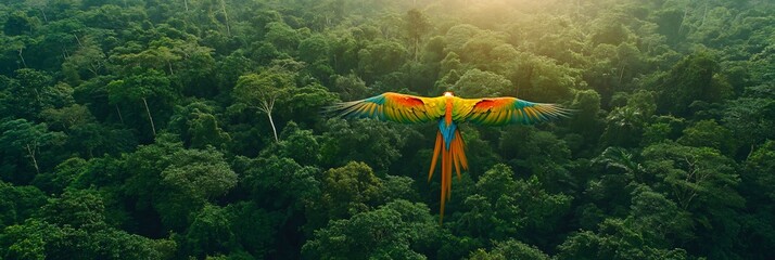 Poster - Colorful macaw in flight over lush green rainforest canopy.