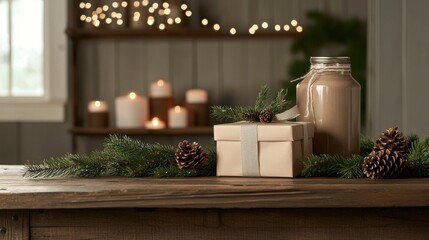 Wall Mural - cozy holiday setup with gift box and chocolate drink