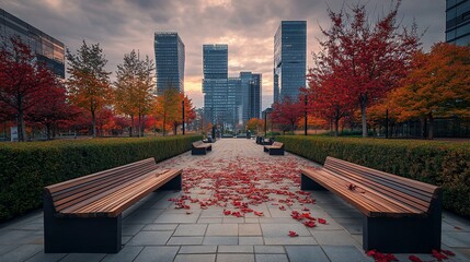 Poster - Autumnal city park with red leaves scattered on pathway between benches and skyscrapers in background at sunrise.