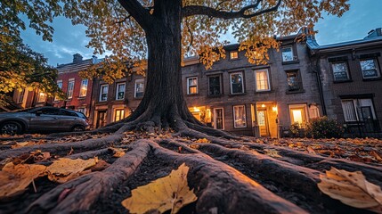 Aufkleber - Low-angle view of tree roots and autumn leaves in front of illuminated townhouses at dusk.