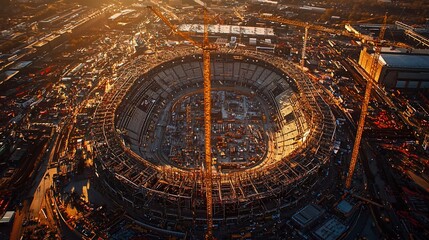 Aufkleber - Aerial view of a large stadium under construction, surrounded by cranes and construction equipment during sunset.