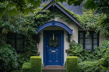 Aufkleber - Charming house with blue door, green foliage, and a wreath.