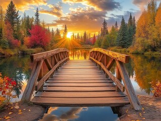 Poster - Wooden bridge over calm lake at sunset, surrounded by vibrant autumn foliage.