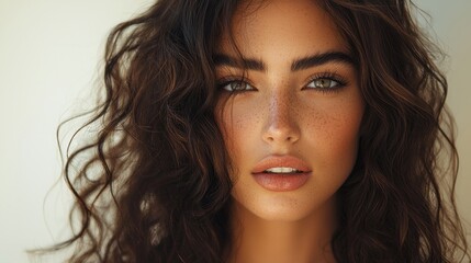Aufkleber - A stunning model showcases her long, wavy hair and captivating features against a soft background, radiating confidence and allure in a warm and inviting atmosphere