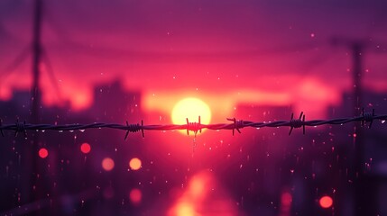 Sticker - Sunset Rain, Cityscape, Barbed Wire, Fence, Background