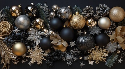 Poster - Elegant black and gold Christmas ornaments, pine cones, and snowflakes arranged on a dark background.