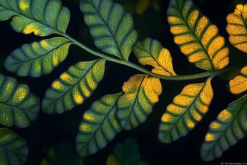 Poster - Close-up of a fern branch with green and yellow leaves against a dark background.