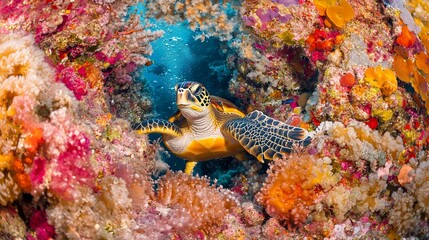 Poster - Hawksbill sea turtle peeking from vibrant coral reef.