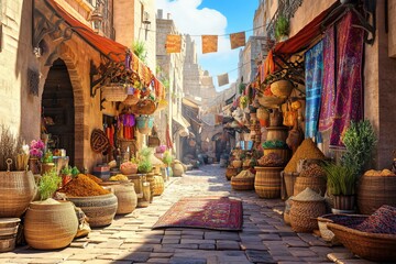 Aufkleber - Sunlit alleyway in a vibrant, exotic marketplace with colorful textiles, spices, and handcrafted goods displayed on stands and baskets.