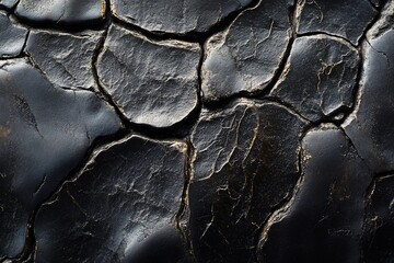 Leinwandbilder - Close-up of dark, cracked surface with gold accents, resembling dried mud or lava.