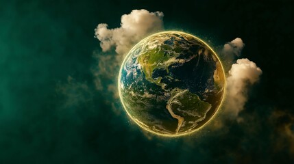 Poster - Vivid Earth Digital Rendering with Glowing Halo and Dramatic Clouds on a Dark Background