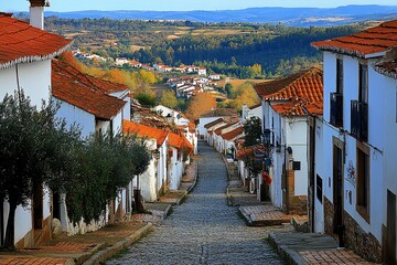 Poster - Picturesque cobblestone street descending through a charming white-walled village, offering a panoramic view of the surrounding valley and autumnal landscape.