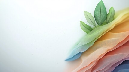 Poster - Delicate Fabric Waves with Fresh Green Leaves and Soft Colors on Light Background for Calm and Nature Inspired Design