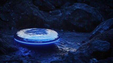 Wall Mural - Futuristic Circular Object with Glowing Edge on Rocky Surface at Night