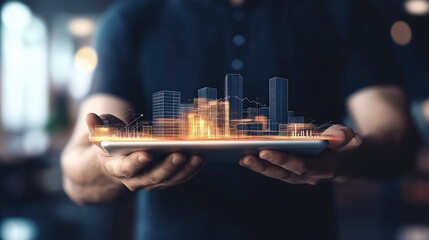 Poster - Modern Technology with Hands Holding Digital Cityscape Visualization on Tablet Device in Urban Setting