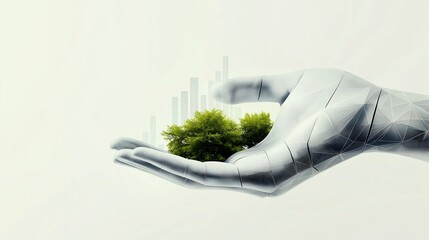 Poster - Futuristic hand holding a small green plant with growth charts symbolizing sustainable development and innovation