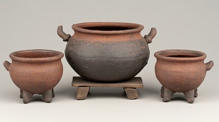 Three ceramic pots of varying sizes, used for cooking or storage.