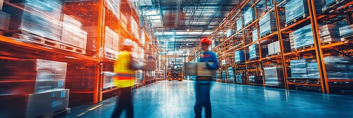 Poster - Warehouse workers moving boxes in a large distribution center.