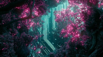Aufkleber - Glowing pink blossoms frame a futuristic circuit board in a dark forest.